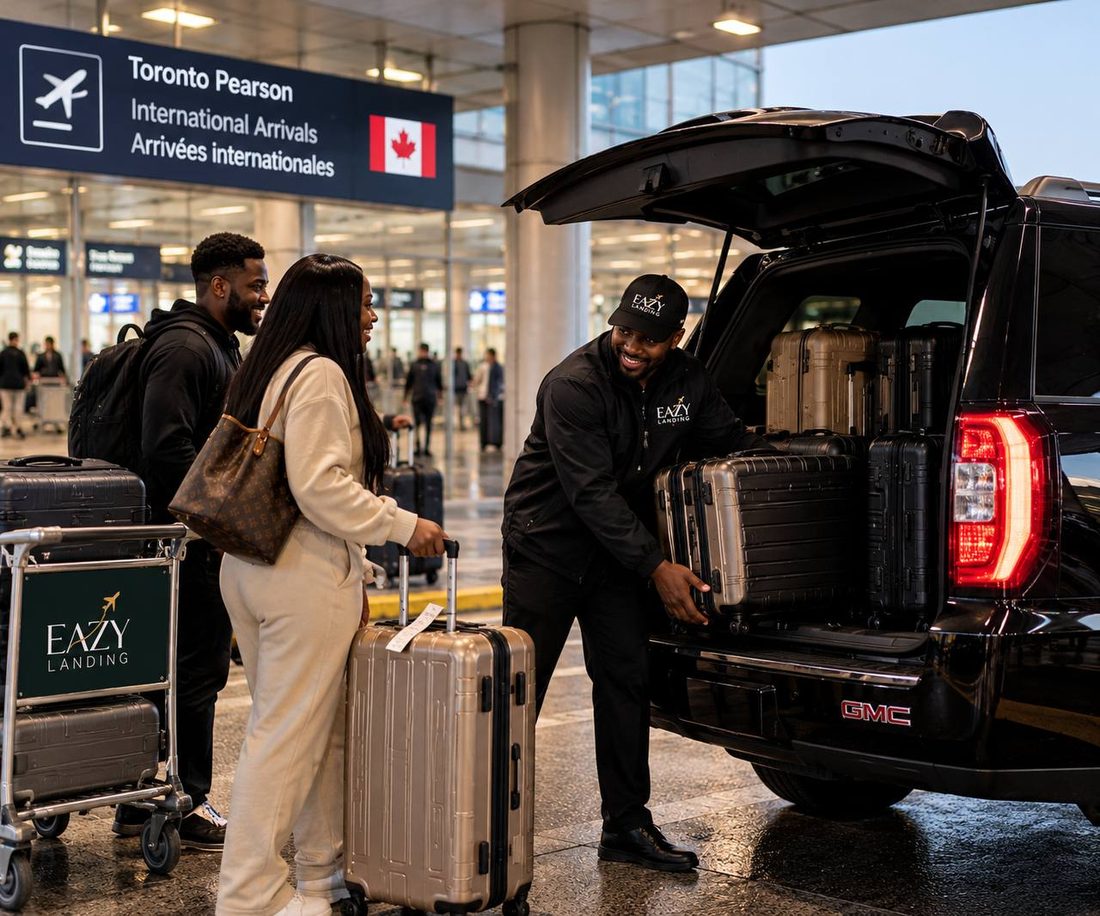 An Eazy Landing host loading arrival luggage into a vehicle at Toronto Pearson