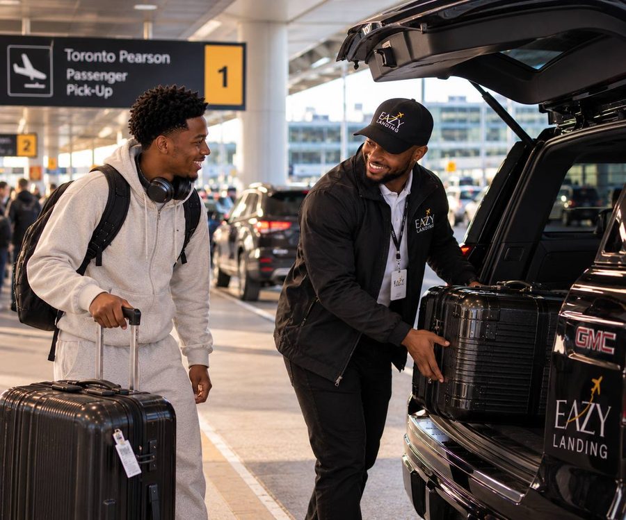 An Eazy Landing driver meeting a newly arrived traveller at Toronto Pearson