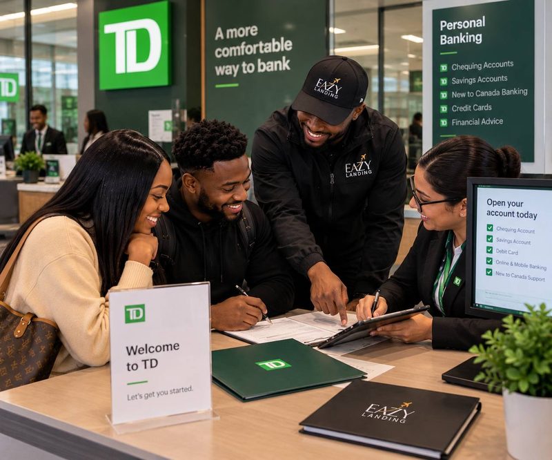 An Eazy Landing host with a couple opening a bank account
