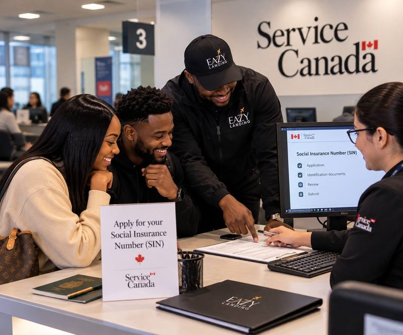 An Eazy Landing host assisting with a Social Insurance Number application