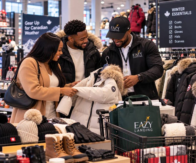 An Eazy Landing host helping a couple choose winter clothing