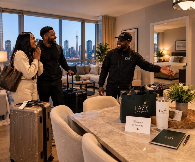 An Eazy Landing host welcoming a couple into their furnished apartment