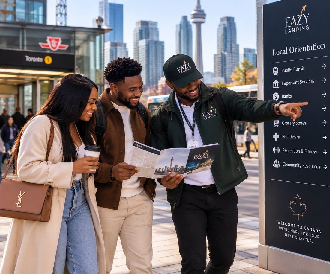 An Eazy Landing host explaining local services to newcomers on a Toronto street